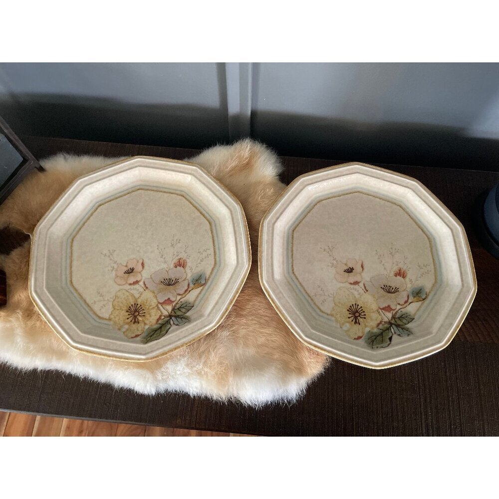 Two Firenze 902 Mikasa Dinner Plate‎ Avante Ivory pink yellow flowers retro 80s